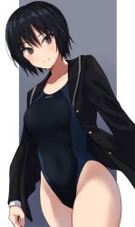 Rule 34 | 1girl, amagami, black eyes, black hair, black sailor collar, black shirt, black one-piece swimsuit, bob cut, competition swimsuit, cowboy shot, split mouth, gomashi (goma), kibito high school uniform, looking at viewer, nanasaki ai, one-piece swimsuit, sailor collar, sailor shirt, school uniform, shirt, smile, solo, standing, swimsuit, swimsuit under clothes, two-tone background