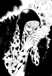 Rule 34 | 1boy, burning, burning clothes, chief (chiefvinsmoke), commentary request, donquixote rocinante, feather coat, fire, heart, heart print, highres, hood, lighting cigarette, lipstick, long sleeves, looking at viewer, makeup, male focus, monochrome, one piece, shirt, short hair, smoking, solo