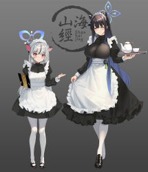 Rule 34 | 2girls, alternate costume, animal ears, apron, black dress, black footwear, black hair, blue archive, blue halo, blush, breasts, closed mouth, cup, dress, enmaided, frilled apron, frills, full body, green eyes, grey hair, halo, highres, holding, holding tray, jamgom, juliet sleeves, kokona (blue archive), large breasts, long hair, long sleeves, maid, maid apron, maid headdress, mary janes, medium breasts, multicolored hair, multiple girls, pantyhose, puffy sleeves, red eyes, shoes, shun (blue archive), smile, streaked hair, tiger ears, tray, white apron, white pantyhose