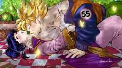 Rule 34 | 1boy, 1girl, amartbee, bra, breasts, bug, butterfly, chi-chi (dragon ball), chinese clothes, cleavage, dragon ball, dragonball z, glowing butterfly, hetero, highres, husband and wife, insect, jacket, kiss, kissing neck, medium breasts, picnic basket, picnic blanket, smile, son goku, super saiyan, super saiyan 1, tank top, underwear