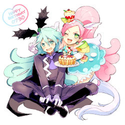 Rule 34 | 10s, 1boy, 1girl, ;d, animal ears, bad id, bad pixiv id, blue eyes, blue hair, brother and sister, choker, cure parfait, dual persona, earrings, elbow gloves, food, food-themed hair ornament, gloves, green eyes, hair ornament, happy birthday, heart, horse ears, horse girl, horse tail, houhou (black lack), indian style, jewelry, julio (precure), kirahoshi ciel, kirakira precure a la mode, kirarin (precure), magical girl, one eye closed, open mouth, pastry, pikario (precure), pink hair, plate, precure, siblings, simple background, sitting, smile, star-shaped pupils, star (symbol), symbol-shaped pupils, tail, v, white background, white gloves, wings