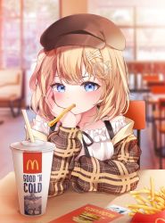 Rule 34 | 1girl, blonde hair, blurry, blurry background, blush, brown headwear, cup, disposable cup, eyebrows hidden by hair, female focus, food, food in mouth, french fries, gawr gura, hair ornament, hand on own face, highres, hololive, hololive english, indoors, looking at viewer, mcdonald&#039;s, meul, short hair, sitting, solo, sticker, virtual youtuber, watson amelia