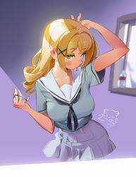 Rule 34 | 2girls, :3, arm behind head, arm up, bang dream!, black neckerchief, blonde hair, blue shirt, blue skirt, blurry, blurry background, blush, bottle, bravo233, breasts, chibi, chibi inset, closed mouth, collarbone, commentary request, cowboy shot, cropped legs, drill hair, hair down, hair ornament, hair tie in mouth, hanasakigawa school uniform, hand up, highres, ichigaya arisa, indoors, large breasts, long hair, looking at viewer, mouth hold, multiple girls, neckerchief, pleated skirt, purple background, sailor collar, school uniform, serafuku, shirt, short sleeves, skirt, solo focus, standing, tears, thumbs up, toyama kasumi, tying hair, water bottle, white sailor collar, window, x hair ornament, yellow eyes