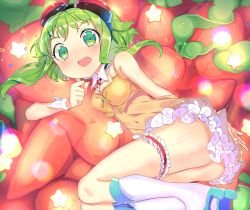Rule 34 | 1girl, :o, anklet, bad id, bad pixiv id, bare shoulders, blush, boots, buttons, carrot-shaped pillow, collar, covered navel, frilled skirt, frills, gem, goggles, goggles on head, green eyes, green hair, gumi, jewelry, kinokoko-kino, knee boots, bridal garter, lying, matching hair/eyes, nose blush, on side, open mouth, orange skirt, pleated skirt, red gemstone, short hair, short hair with long locks, sidelocks, skirt, solo, star (symbol), vocaloid, white footwear, wrist cuffs