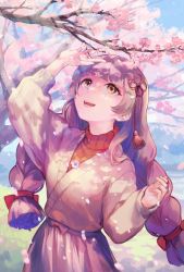 Rule 34 | 1girl, arm up, braid, branch, breasts, brown hair, brown robe, cherry blossoms, commentary request, dappled sunlight, day, flower, hair ornament, hand up, hatomugi seika, highres, long sleeves, looking away, looking up, open mouth, original, petals, pink flower, red sweater, ribbed sweater, robe, small breasts, smile, solo, sunlight, sweater, teeth, tree, twin braids, upper body