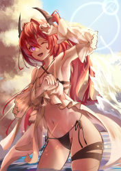 Rule 34 | 1girl, ;d, absurdres, arknights, arm up, armpits, bare shoulders, bikini, black ribbon, cloud, contrapposto, cowboy shot, detached sleeves, highres, horns, kurosabi neko, lens flare, long hair, long sleeves, looking at viewer, navel, official alternate costume, one eye closed, open mouth, purple eyes, red hair, ribbon, side-tie bikini bottom, smile, solo, splashing, stomach, sunlight, surtr (arknights), surtr (colorful wonderland) (arknights), swimsuit, swimsuit cover-up, thigh strap, very long hair, wading, water