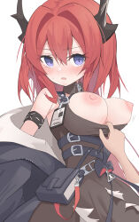 Rule 34 | 1girl, 1other, absurdres, arknights, assisted exposure, belt, black belt, black dress, black horns, black jacket, breasts, breasts out, clothes pull, commentary request, demon horns, disembodied hand, dress, dress pull, hair intakes, highres, horns, id card, jacket, large breasts, long hair, looking at viewer, multiple belts, nipples, off shoulder, open mouth, pulling another&#039;s clothes, purple eyes, red hair, rhodes island logo (arknights), simple background, solo focus, surtr (arknights), white background, yuuko (oruta), zipper, zipper pull tab