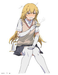 Rule 34 | 1girl, absurdres, bag, blonde hair, blush, breasts, bright pupils, brown sweater, brown sweater vest, brown vest, collared shirt, cowlick, cropped legs, cup, dated, embarrassed, emblem, gloves, grey skirt, hand on own leg, handbag, highres, holding, holding cup, legs together, long hair, looking at object, messy hair, open mouth, pleated skirt, scene reference, school emblem, school uniform, shirt, shokuhou misaki, sitting, skirt, sleeveless, sleeveless sweater, small breasts, solo, sparkling eyes, steam, summer uniform, sweat, sweater, sweater vest, swept bangs, takatisakana, teacup, thighhighs, toaru kagaku no mental out, toaru kagaku no railgun, toaru majutsu no index, tokiwadai school uniform, vest, white background, white gloves, white pupils, white shirt, white thighhighs, yellow eyes