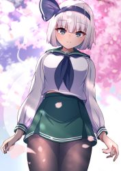 Rule 34 | 1girl, alternate costume, arms at sides, black headwear, black neckwear, blunt bangs, blush, bob cut, breasts, cherry blossoms, closed mouth, commentary request, darumoon, dot nose, eyelashes, ghost, green eyes, green skirt, highres, hitodama, hitodama print, konpaku youmu, konpaku youmu (ghost), large breasts, long sleeves, looking at viewer, miniskirt, pantyhose, petals, sailor collar, school uniform, short hair, skirt, smile, solo, standing, thighs, touhou, tree