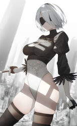 Rule 34 | 1girl, absurdres, black blindfold, black thighhighs, blindfold, breasts, closed mouth, cowboy shot, feather-trimmed sleeves, highleg, highleg leotard, highres, juliet sleeves, leotard, long sleeves, medium breasts, mole, mole under mouth, nier:automata, nier (series), pigone, puffy sleeves, short hair, solo, thighhighs, thighs, white hair, 2b (nier:automata)
