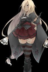 Rule 34 | 1girl, amai nekuta, black background, black footwear, black shirt, black thighhighs, blonde hair, blouse, blue eyes, boots, card, cross-laced footwear, detached sleeves, frilled skirt, frills, hair over shoulder, highres, holding, lace-up boots, layered skirt, long hair, low-tied long hair, nagai gojitsudan no nechronica, original, parted lips, pleated skirt, red skirt, shirt, simple background, skirt, solo, standing, stitches, striped clothes, striped thighhighs, thighhighs, very long hair