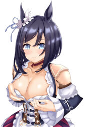 Rule 34 | 1girl, absurdres, animal ears, apron, bare shoulders, black hair, black sleeves, blouse, blue eyes, bob cut, bodice, breasts, choker, cleavage, commentary request, detached sleeves, dirndl, ear ornament, ear scrunchie, eishin flash (umamusume), frilled apron, frilled sleeves, frills, from side, german clothes, grabbing own breast, hair between eyes, highres, horse ears, horse girl, large breasts, looking at viewer, outdoors, red choker, scrunchie, shirt, short hair, smile, solo, tessa (uma orfevre), umamusume, upper body, white apron, white scrunchie, white shirt