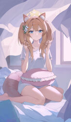 Rule 34 | 1girl, absurdres, alternate costume, animal ear fluff, animal ears, barefoot, blue archive, blue eyes, broken (7589468), cat ears, closed mouth, commentary request, curtains, frilled pillow, frills, halo, hands in own hair, hands up, highres, indoors, long hair, looking at viewer, mari (blue archive), on bed, orange hair, pillow, shirt, short sleeves, sitting, smile, solo, twintails, wariza, white shirt, yellow halo