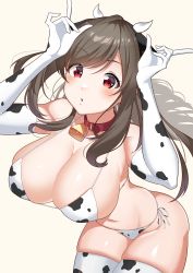 Rule 34 | 1girl, absurdres, animal ears, animal print, arms up, bare shoulders, beige background, belt collar, bikini, black hairband, blush, breasts, brown hair, chestnut mouth, cleavage, collar, collarbone, cow ears, cow horns, cow print, cowbell, cowboy shot, elbow gloves, english text, fake animal ears, fake horns, gloves, haibarasaika, hairband, highres, horns, horns pose, huge breasts, idolmaster, idolmaster shiny colors, leaning forward, looking at viewer, navel, patterned legwear, red eyes, red neckwear, sidelocks, simple background, solo, speech bubble, swimsuit, thighhighs, tsukioka kogane