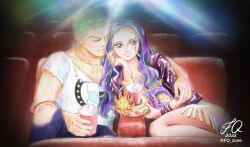 Rule 34 | 1boy, 1girl, artist name, black hair, blue eyes, bracelet, closed mouth, food, fq zone, green hair, hand on own chin, highres, hug, jewelry, long hair, movie projector, movie theater, necklace, nico robin, one eye closed, one piece, one piece film: red, popcorn, roronoa zoro, scar, scar across eye, shirt, short hair, signature, smile, thousand sunny