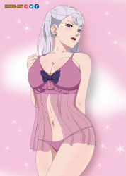Rule 34 | 1girl, black clover, blush, breasts, curvy, eyelashes, highres, large breasts, long hair, looking at viewer, mandio art, nightgown, noelle silva, open mouth, panties, pink background, pink panties, purple eyes, see-through, silver hair, solo, thighs, twintails, underwear, watermark