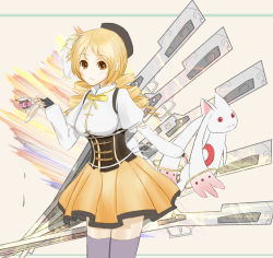 Rule 34 | 10s, 1girl, beret, blonde hair, breasts, charlotte (madoka magica), corset, cup, detached sleeves, drill hair, fingerless gloves, gloves, graphite (medium), grey thighhighs, gun, hair ornament, hairpin, hat, kyubey, large breasts, magical girl, magical musket, mahou shoujo madoka magica, mahou shoujo madoka magica (anime), pleated skirt, puffy sleeves, ribbon, rifle, shirt, skirt, supana, taut clothes, taut shirt, tea, teacup, thighhighs, tomoe mami, traditional media, twin drills, twintails, weapon, yellow eyes, zettai ryouiki