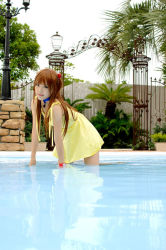 Rule 34 | 1girl, asian, bare legs, breasts, choker, cosplay, dress, hairpods, kipi-san, lamppost, leaning forward, long hair, looking at viewer, neon genesis evangelion, orange hair, outdoors, palm tree, petite, photo (medium), pool, short dress, small breasts, solo, souryuu asuka langley, souryuu asuka langley (cosplay), sundress, tree, two side up, wading