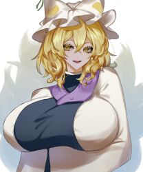 Rule 34 | 1girl, blonde hair, blue tabard, breasts, dress, hat, hat iue, highres, large breasts, looking at viewer, open mouth, shadow, simple background, smile, solo, tabard, touhou, white background, white dress, white hat, yakumo ran, yellow eyes