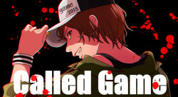 Rule 34 | 1girl, 2019, baseball cap, black background, blood, blood splatter, brown eyes, brown hair, commentary request, english text, from behind, green jacket, grin, hair between eyes, hand on headwear, hat, hat writing, jacket, looking at viewer, looking back, meiko (vocaloid), nail polish, off shoulder, portrait, profile, shaded face, short hair, smile, solo, song name, tachikaze, tank top, vocaloid, wristband, yellow nails