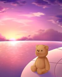 Rule 34 | blurry, blurry background, cloud, commentary, no humans, ocean, otou (otou san), outdoors, purple sky, sky, spoilers, stuffed animal, stuffed toy, summer pockets, sunset, teddy bear