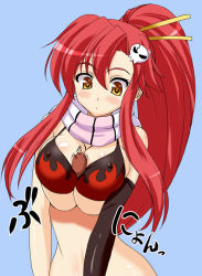 Rule 34 | 00s, 1girl, animal, animal between breasts, between breasts, bikini, bikini top only, blush, boota (ttgl), bra, breasts, breasts squeezed together, cleavage, covered erect nipples, detached sleeves, gloves, hair ornament, large breasts, lingerie, long hair, red hair, scarf, skull, solo, striped clothes, striped scarf, swimsuit, tengen toppa gurren lagann, translation request, underwear, yellow eyes, yoko littner