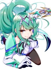 Rule 34 | 1girl, bare shoulders, black pantyhose, breasts, chest jewel, cosplay, dress, earrings, elbow gloves, gem, gloves, green eyes, green hair, headpiece, highres, hinata tino, jewelry, large breasts, long hair, looking at viewer, mythra (massive melee) (xenoblade), mythra (xenoblade), nintendo, pantyhose, pneuma (xenoblade 2), pneuma (xenoblade 2) (cosplay), simple background, smile, solo, super smash bros., tiara, very long hair, white dress, white gloves, xenoblade chronicles (series), xenoblade chronicles 2