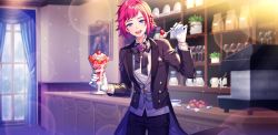 Rule 34 | 1boy, afterl!fe, androgynous, blue eyes, bow, bowtie, coffee maker, cup, drinking glass, food, formal, fruit, highres, ice cream, looking at viewer, male focus, official art, open mouth, pink hair, quincy (afterl!fe), second-party source, smile, solo, strawberry, suit, tailcoat, teeth, wine glass