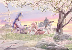 Rule 34 | 1other, 2girls, 54cr, animal ears, architecture, bare back, blunt bangs, blurry, braid, bridal gauntlets, castle, cherry blossoms, commentary request, depth of field, detached sleeves, dual persona, earrings, east asian architecture, fox, fox ears, fox girl, genshin impact, grass, hair between eyes, hair ornament, highres, japanese clothes, jewelry, long hair, looking at another, low ponytail, lying, multiple girls, nontraditional miko, obi, on stomach, pink hair, purple eyes, purple hair, raiden shogun, rock, sash, seiza, sidelocks, single braid, sitting, vision (genshin impact), wide sleeves, yae miko, yae miko (fox)