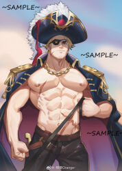 Rule 34 | 1boy, abs, absurdres, bara, bare pectorals, black pants, blonde hair, chengzibaobaozhu, coat, coat on shoulders, commission, cowboy shot, eyepatch, facial hair, facial scar, hat, highres, large pectorals, looking at viewer, male focus, mature male, muscular, muscular male, navel, nipples, original, pants, pectorals, pirate, pirate hat, sample watermark, scar, scar on cheek, scar on chest, scar on face, short hair, sideburns, smile, solo, stomach, stubble, watermark