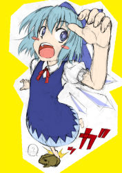 Rule 34 | 1girl, bad id, bad pixiv id, barefoot, blue eyes, blue hair, blush stickers, bow, cirno, female focus, flat color, full body, hair bow, matching hair/eyes, short hair, solo, touhou, tripping, wings, yukinoserizawa