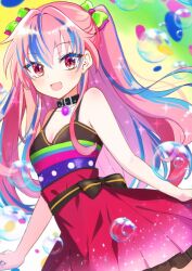 Rule 34 | 1girl, black collar, blue hair, bow, breasts, bubble, collar, commentary request, dress, hair bow, kimura pikoriino, multicolored hair, open mouth, pink hair, red dress, small breasts, smile, solo, sparkle, streaked hair, tensei-kun wa lolicon janai!, two-tone hair, two side up