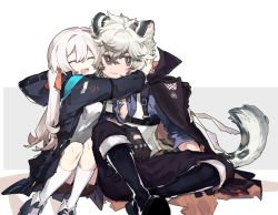 Rule 34 | 1boy, 1girl, :d, ^ ^, animal ear fluff, animal ears, arknights, baiwei er hao ji, black footwear, black gloves, black jacket, black pants, black shorts, blue shirt, boots, brother and sister, closed eyes, closed mouth, doctor (arknights), female doctor (arknights), gloves, grey background, grey eyes, grey hair, hood, hood down, hooded jacket, hug, jacket, jacket on shoulders, knee boots, kneehighs, open clothes, open jacket, open mouth, pants, shirt, short shorts, shorts, siblings, silverash (arknights), silverash (elite ii) (arknights), sitting, smile, socks, tail, two-tone background, vest, white background, white socks, white vest