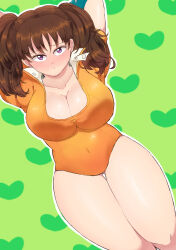 Rule 34 | 1girl, breasts, brown hair, cleavage, diane (nanatsu no taizai), gluteal fold, heart, large breasts, leotard, long hair, nanatsu no taizai, omaega sasar, purple eyes, short sleeves, twintails