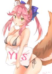 Rule 34 | 1girl, animal ears, blush, breasts, cleavage, collarbone, fate/grand order, fate (series), finger to mouth, fox ears, fox tail, groin, highres, hiyoko biimu, holding, holding pillow, large breasts, open mouth, panties, pillow, pink hair, side-tie panties, simple background, solo, tail, tamamo (fate), tamamo no mae (fate/extra), underwear, underwear only, white background, yellow eyes, yes-no pillow