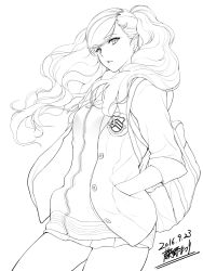 Rule 34 | bag, briefcase, cardigan, dated, greyscale, hair ornament, hairclip, hands in pockets, highres, hood, jacket, lineart, looking at viewer, monochrome, parted bangs, persona, persona 5, school bag, school briefcase, school uniform, shoulder bag, shuujin academy school uniform, signature, simple background, skirt, solo, swept bangs, takamaki anne, thighs, twintails, warabino matsuri, white background, zipper