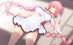 Rule 34 | 1girl, ahoge, angel wings, aqua eyes, breasts, cait aron, chain, collar, commentary request, cowboy shot, dress, dutch angle, highres, ikaros, large breasts, long hair, lying, on back, pink hair, ribbon, solo, sora no otoshimono, twintails, very long hair, wings