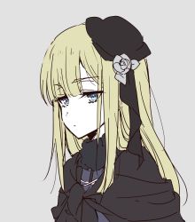 Rule 34 | 1girl, beret, black capelet, black hat, blonde hair, blue eyes, bow, capelet, chili-tomato (gekikaraya), closed mouth, commentary request, expressionless, fate (series), flower, fur collar, grey background, grey flower, grey rose, hair flower, hair ornament, hat, highres, long hair, lord el-melloi ii case files, reines el-melloi archisorte, rose, simple background, sketch, solo, upper body, white flower