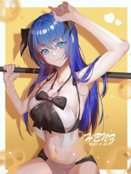 Rule 34 | 1girl, absurdres, arknights, arm up, armpits, bare arms, bare shoulders, blue eyes, blue hair, breasts, commentary request, dated, drop shadow, hand up, henz, highres, horns, huge filesize, large breasts, long hair, looking at viewer, mostima (arknights), navel, o-ring, parted lips, partial commentary, solo, stomach