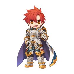 Rule 34 | 1boy, armor, armored boots, blue cape, boots, breastplate, cape, chibi, clenched hand, cross, faulds, full body, gauntlets, hair between eyes, hand on own hip, imperial guard (ragnarok online), leg armor, looking at viewer, male focus, medium bangs, official art, open mouth, orange eyes, parted bangs, pauldrons, purple cape, ragnarok online, red hair, short hair, shoulder armor, simple background, smile, solo, standing, tachi-e, transparent background, two-sided cape, two-sided fabric, v-shaped eyebrows, yuichirou