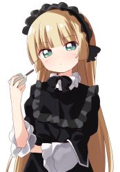 Rule 34 | 1girl, black dress, black hairband, blonde hair, blunt bangs, blush, collar, commentary request, dress, frilled collar, frilled hairband, frills, gosick, gothic lolita, green eyes, hairband, haru (konomi 150), highres, hime cut, lolita fashion, long hair, long sleeves, looking at viewer, simple background, smoking pipe, solo, upper body, very long hair, victorica de blois, white background, wide sleeves