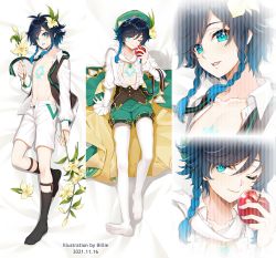 Rule 34 | 1boy, 2021, apple, billie (meng gong fang), blue eyes, blue hair, braid, chest tattoo, collarbone, commentary request, dakimakura (medium), dated, flower, food, frilled shirt, frills, fruit, full body, genshin impact, gradient hair, hair between eyes, hair flower, hair ornament, hat, holding, holding flower, holding food, holding fruit, long sleeves, looking at viewer, lying, multicolored hair, multiple views, navel, nipples, on back, one eye closed, open clothes, open mouth, open shirt, pantyhose, shirt, shorts, smile, tattoo, teeth, tongue, twin braids, venti (genshin impact), vision (genshin impact)