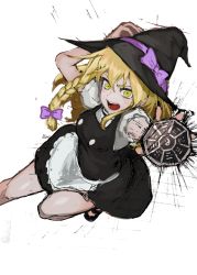 Rule 34 | 1girl, aiming, aiming at viewer, apron, black dress, black footwear, black hat, blonde hair, bow, braid, commentary request, cookie (touhou), dress, foot out of frame, hair bow, hat, hat bow, highres, johnnyyyyy, kirisame marisa, long hair, looking at viewer, mary janes, mini-hakkero, open mouth, purple bow, shirt, shoes, side braid, simple background, single braid, solo, touhou, uzuki (cookie), waist apron, white apron, white background, white shirt, witch hat, yellow eyes, yin yang