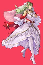 Rule 34 | 1girl, absurdres, breasts, bridal veil, commentary, detached collar, dress, english commentary, fire emblem, fire emblem awakening, fire emblem heroes, floating hair, full body, gloves, green eyes, green hair, grin, high heels, highres, legs, long hair, medium breasts, nintendo, official alternate costume, pantyhose, pointy ears, red background, sakuremi, simple background, smile, solo, tiki (adult) (bridal) (fire emblem), tiki (adult) (fire emblem), tiki (fire emblem), veil, wedding dress, white dress, white footwear, white gloves, white pantyhose