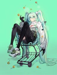 Rule 34 | 1girl, 8349450538, absurdly long hair, absurdres, aqua hair, asymmetrical pants, black gloves, black pants, black thighhighs, blue eyes, candy, chinese commentary, chupa chups, commentary request, expressionless, eyelashes, fashion, food, full body, gloves, green background, hair between eyes, hair ornament, hair spread out, hatsune miku, high-waist pants, highres, holding, holding candy, holding food, holding lollipop, in shopping cart, leather, leather pants, lollipop, long hair, long sleeves, looking at viewer, pants, parted lips, shoes, shopping cart, simple background, single thighhigh, sitting, sleeves past wrists, sneakers, solo, straight hair, sweater, thighhighs, turtleneck, turtleneck sweater, very long hair, vocaloid, white footwear, white sleeves, white sweater