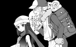 Rule 34 | 1boy, 1girl, atsumi yoshioka, backpack, bag, beanie, belt, black background, commentary request, creatures (company), dawn (pokemon), duffel bag, eyelashes, from side, fur-trimmed jumpsuit, fur trim, game freak, greyscale, hair ornament, hairclip, hand up, hat, index finger raised, jumpsuit, long hair, long sleeves, looking to the side, monochrome, nintendo, poke ball print, pokemon, pokemon dppt, pokemon legends: arceus, scarf, shirt, short hair, sidelocks, sleeveless, sleeveless shirt, volo (pokemon)