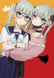 Rule 34 | 2girls, :/, absurdres, aqua hair, bandaid, bandaid on neck, bat wings, bespectacled, black-framed eyewear, black choker, black mask, black ribbon, black skirt, black wings, blouse, blue eyes, blue sailor collar, blue skirt, blunt bangs, bracelet, choker, cinderella (vocaloid), closed mouth, collared shirt, commentary, cowboy shot, creator connection, crown, crying, crying with eyes open, dual persona, dutch angle, ear piercing, earrings, facial mark, fang, food-themed bracelet, frilled shirt collar, frills, frown, glass slipper, glasses, glint, hair ornament, hair ribbon, halftone, hand on own arm, hatsune miku, heart, heart facial mark, heart hair ornament, highres, holding, holding clothes, holding footwear, hug, hug from behind, jewelry, long hair, long sleeves, looking at viewer, mask, mini wings, mouth mask, multiple girls, multiple persona, neck ribbon, hugging object, orange background, piercing, pink lips, pink shirt, pleated skirt, puffy long sleeves, puffy sleeves, red background, ribbon, sailor collar, school uniform, semi-rimless eyewear, serafuku, shirt, short sleeves, skirt, striped, stud earrings, tears, twintails, two-tone background, two-tone shirt, under-rim eyewear, uni zarigani, vampire (vocaloid), vocaloid, white serafuku, white shirt, white stripes, wings