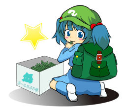 Rule 34 | 1girl, backpack, bag, blue eyes, blue hair, blush, blush stickers, boots, box, circled 9, cirno, cucumber, eating, flat cap, food in mouth, hair bobbles, hair ornament, hat, kawashiro nitori, looking at viewer, looking back, matching hair/eyes, miyu (8944), rubber boots, short hair, sitting, skirt, skirt set, smile, solo, star (symbol), touhou, twintails, two side up, wariza, white background