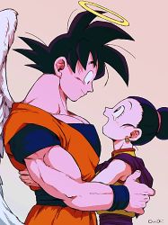 Rule 34 | 1boy, 1girl, :d, angel wings, bad id, bad twitter id, bare arms, bare shoulders, beige background, black eyes, black hair, chi-chi (dragon ball), china dress, chinese clothes, couple, crying, crying with eyes open, dougi, dragon ball, dragonball z, dress, earrings, eye contact, eyelashes, fingernails, hair bun, halo, hands on another&#039;s back, happy tears, hetero, hug, jewelry, looking at another, looking up, open mouth, outsuki, pink background, profile, simple background, single hair bun, sleeveless, sleeveless dress, smile, son goku, spiked hair, standing, tears, twitter username, upper body, wings, wristband