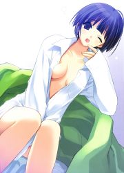 Rule 34 | 1girl, ;o, absurdres, bed, black hair, blue eyes, blue hair, breasts, center opening, cleavage, dress shirt, dutch angle, highres, ichinose mio, matching hair/eyes, naked shirt, no bra, no panties, no pants, one eye closed, open clothes, open mouth, open shirt, rotated, scan, shirt, short hair, sitting, solo, suzuhira hiro, white breath, wink, yawning